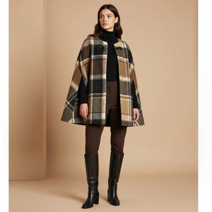 Rachel Roy Classic Fleece Plaid Cloak Sleeve Toggle Front Cape Coat Small Medium